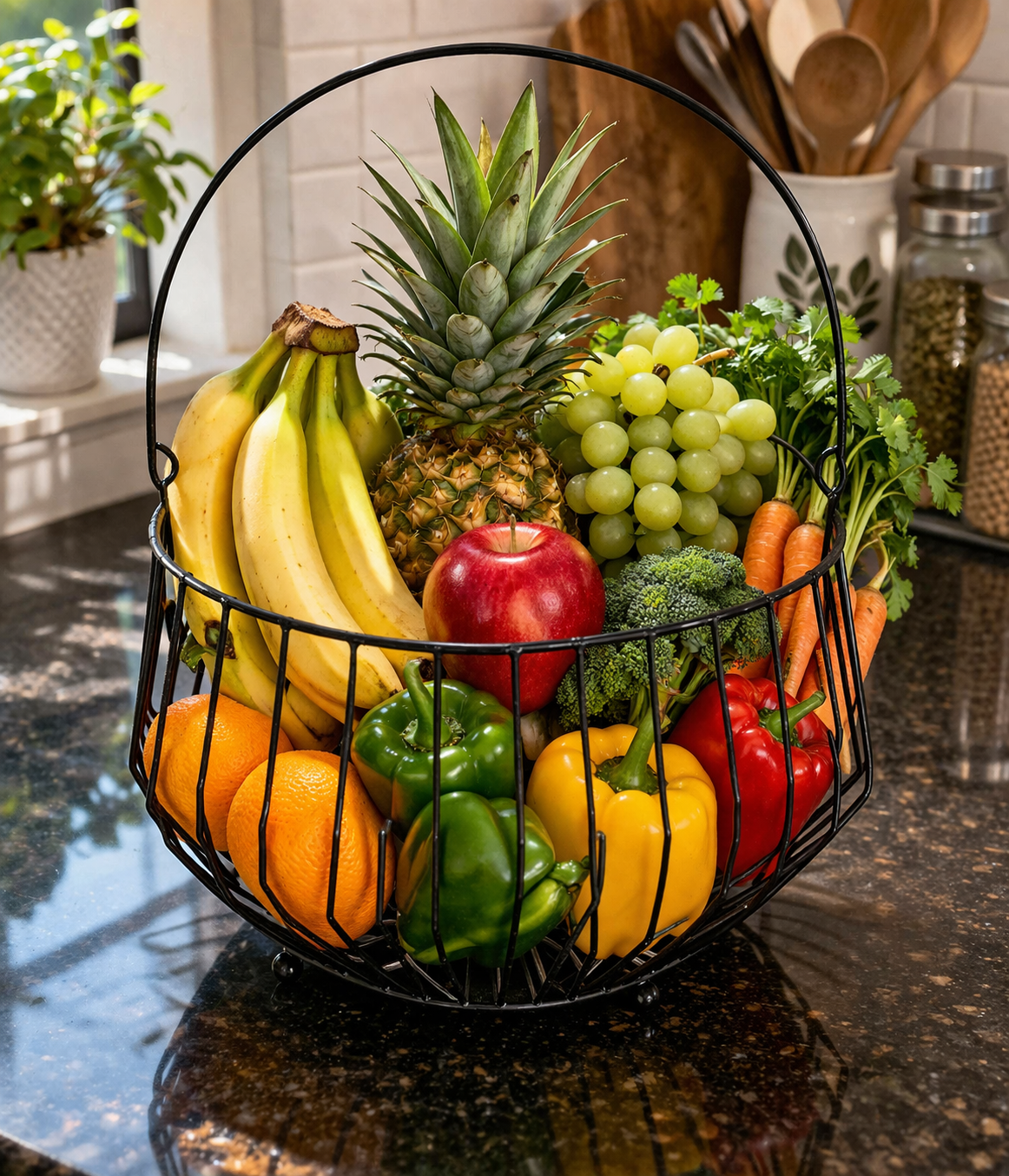 Modern Metal Fruit Basket with Handle | Round Wire Storage Basket | Kitchen & Dining Table Organizer