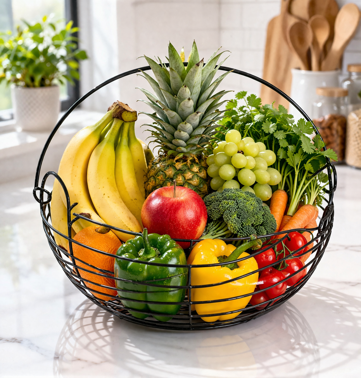 Modern Metal Fruit & Vegetable Basket | Large Round Wire Storage Basket with Handle | Kitchen & Dining Organizer