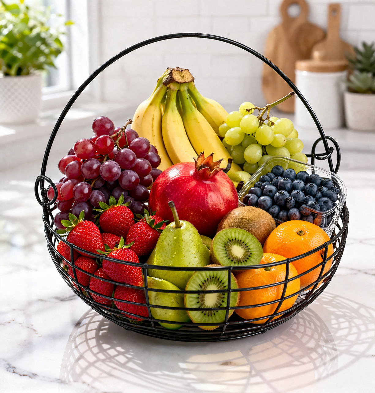 Modern Metal Fruit & Vegetable Basket | Large Round Wire Storage Basket with Handle | Kitchen & Dining Organizer