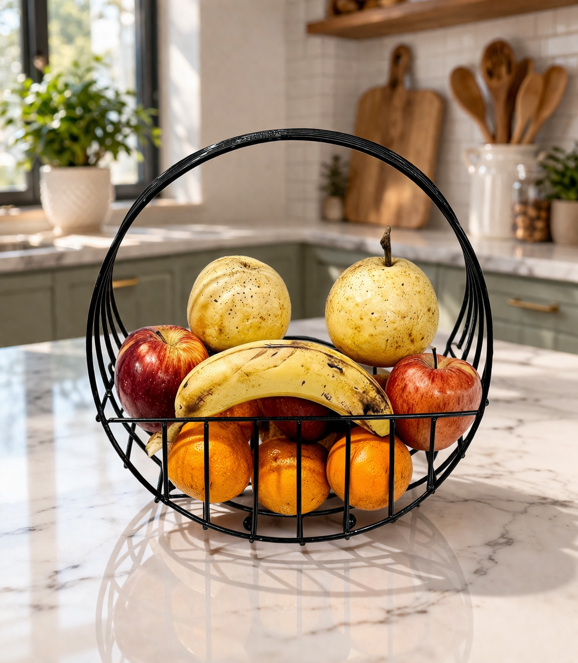 Modern Metal Fruit Basket with Arch Handle | Semi Round Wire Storage Basket | Kitchen & Dining Organizer