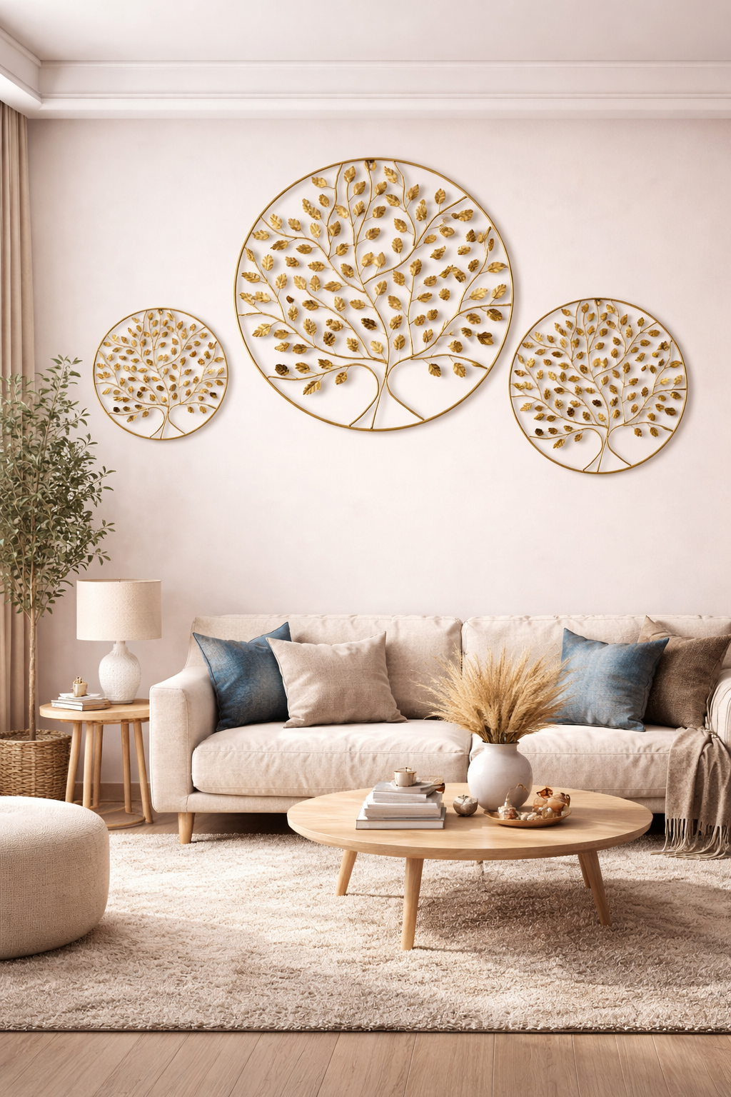 Premium Metal Tree Wall Art Set of 3 | Elegant Golden Leaf Wall Decor | Modern Round Wall Hanging for Living Room, Bedroom & Office | Luxury Home Décor Accent