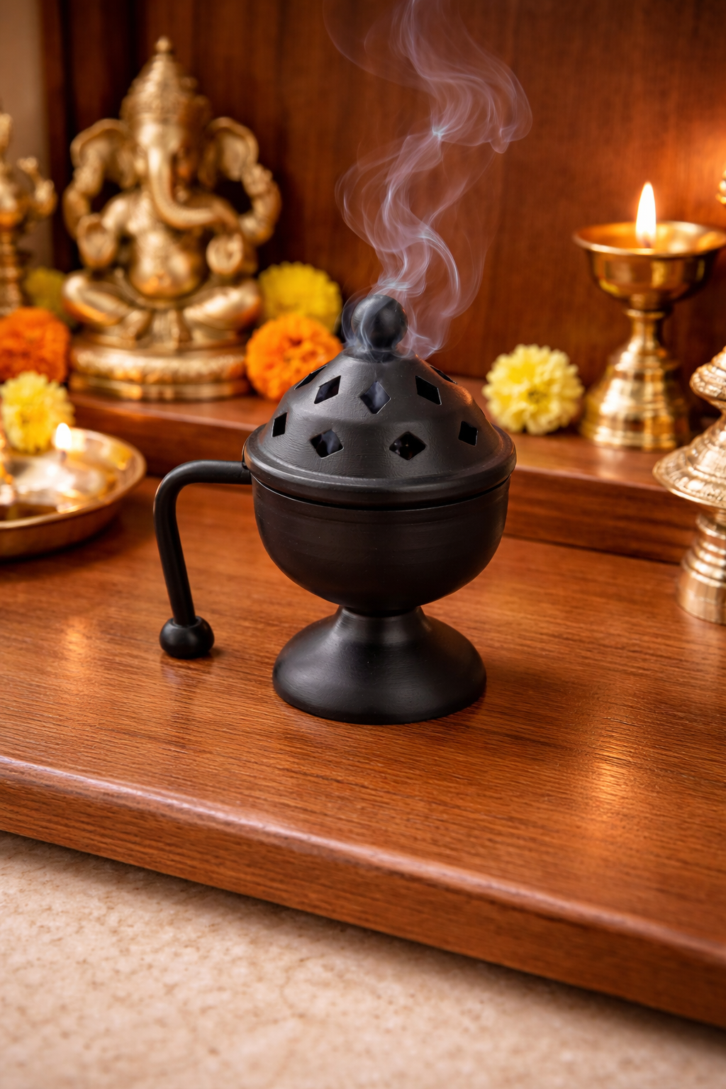 Metal Loban Incense Burner with Handle | Dhoop Dani Dhuni Sambrani Bakhoor Burner | Handheld Incense Holder for Home & Temple