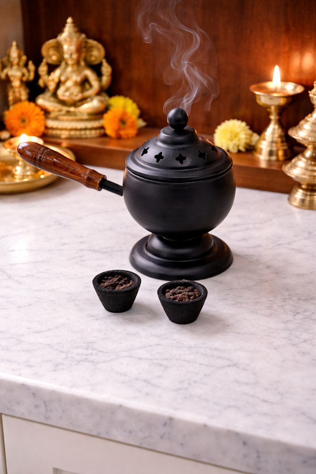 Metal Loban Incense Burner with Wooden Handle | Dhoop Dani Dhuni Sambrani Bakhoor Burner | Handheld Incense Holder for Home & Temple