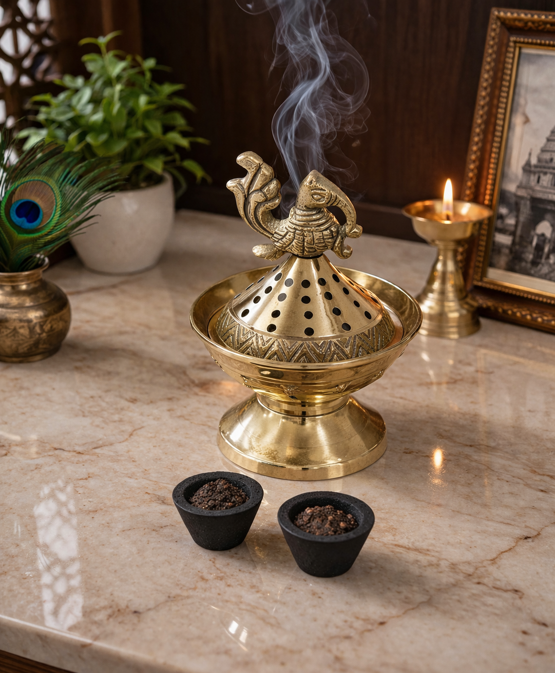 Brass Loban Incense Burner | Peacock Design Dhoop Dani Dhuni Sambrani Bakhoor Burner | Decorative Incense Holder for Home & Temple