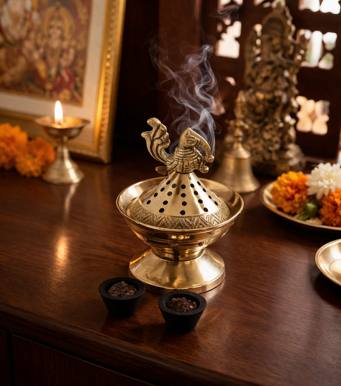 Brass Loban Incense Burner | Peacock Design Dhoop Dani Dhuni Sambrani Bakhoor Burner | Decorative Incense Holder for Home & Temple