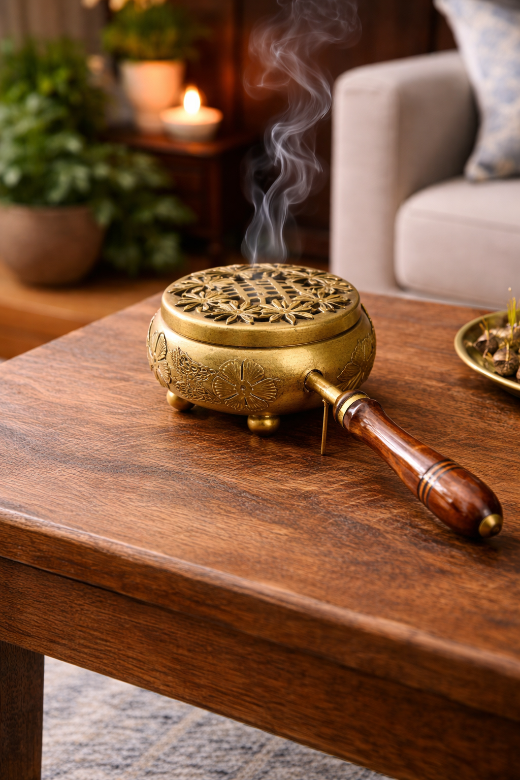 Brass Loban Incense Burner with Wooden Handle | Floral Design Dhoop Dani Dhuni Sambrani Bakhoor Burner | Handheld Incense Holder