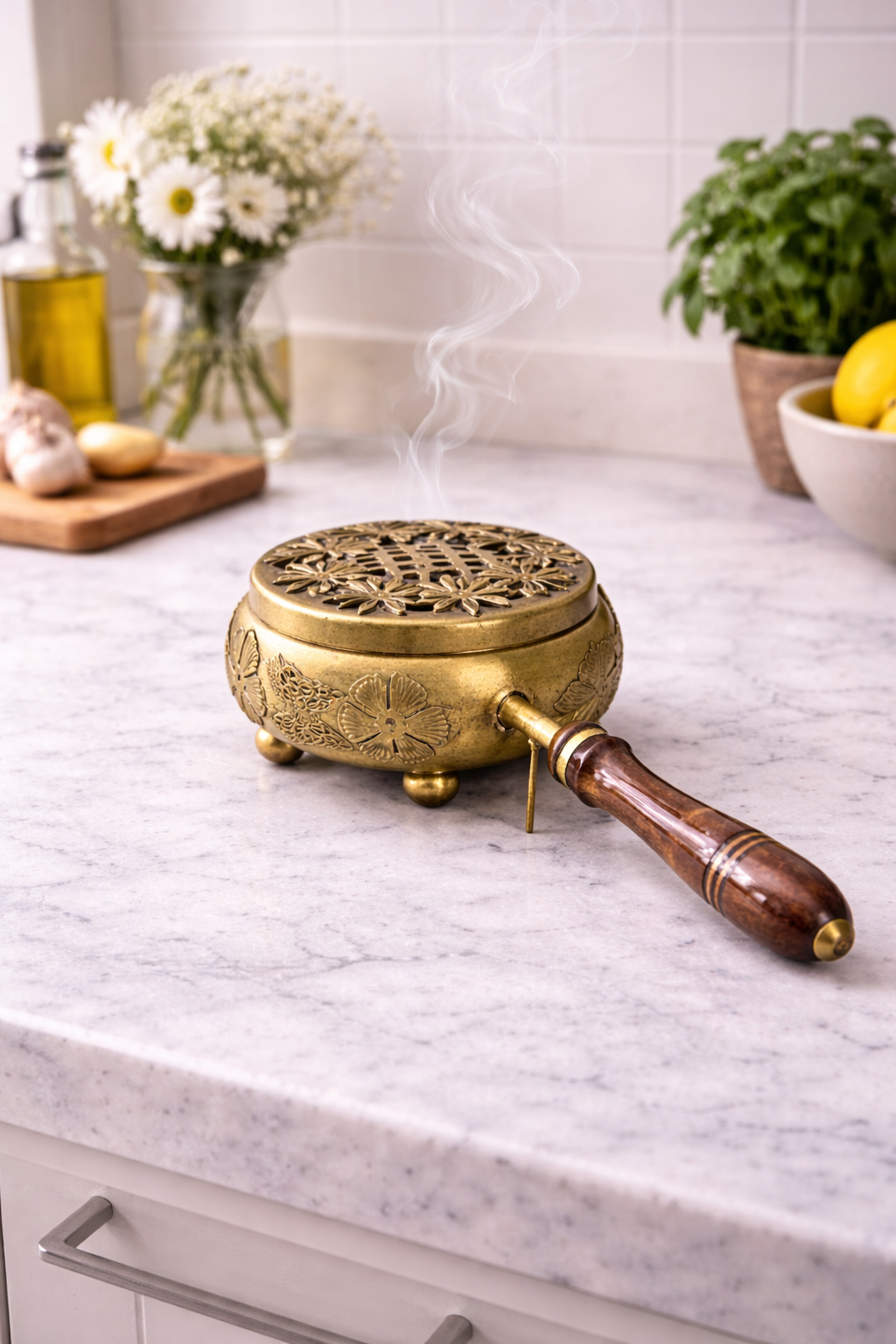 Brass Loban Incense Burner with Wooden Handle | Floral Design Dhoop Dani Dhuni Sambrani Bakhoor Burner | Handheld Incense Holder