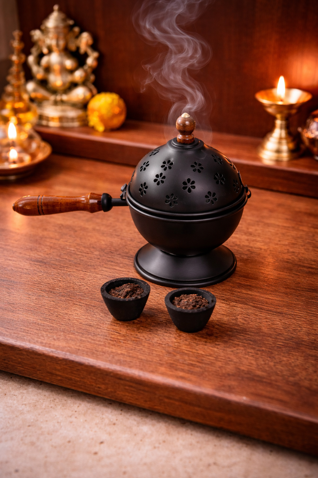 Metal Loban Incense Burner with Wooden Handle | Floral Cutwork Dhoop Dani Dhuni Sambrani Burner with Lid & 2 Loban Cups