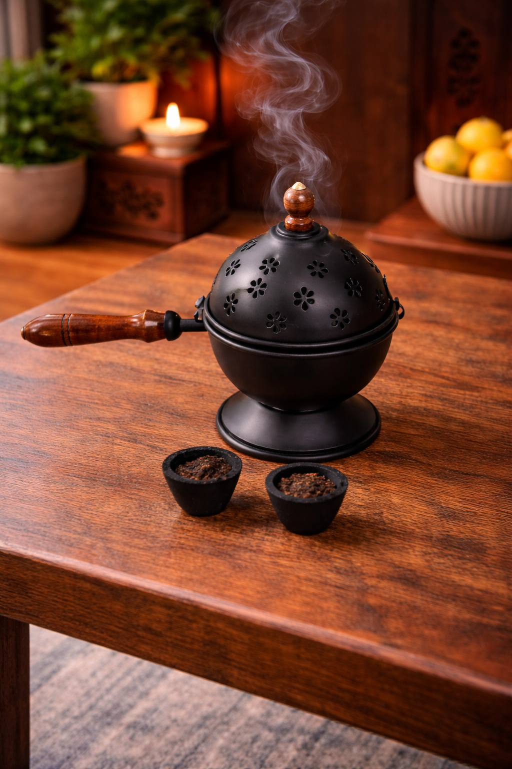 Metal Loban Incense Burner with Wooden Handle | Floral Cutwork Dhoop Dani Dhuni Sambrani Burner with Lid & 2 Loban Cups
