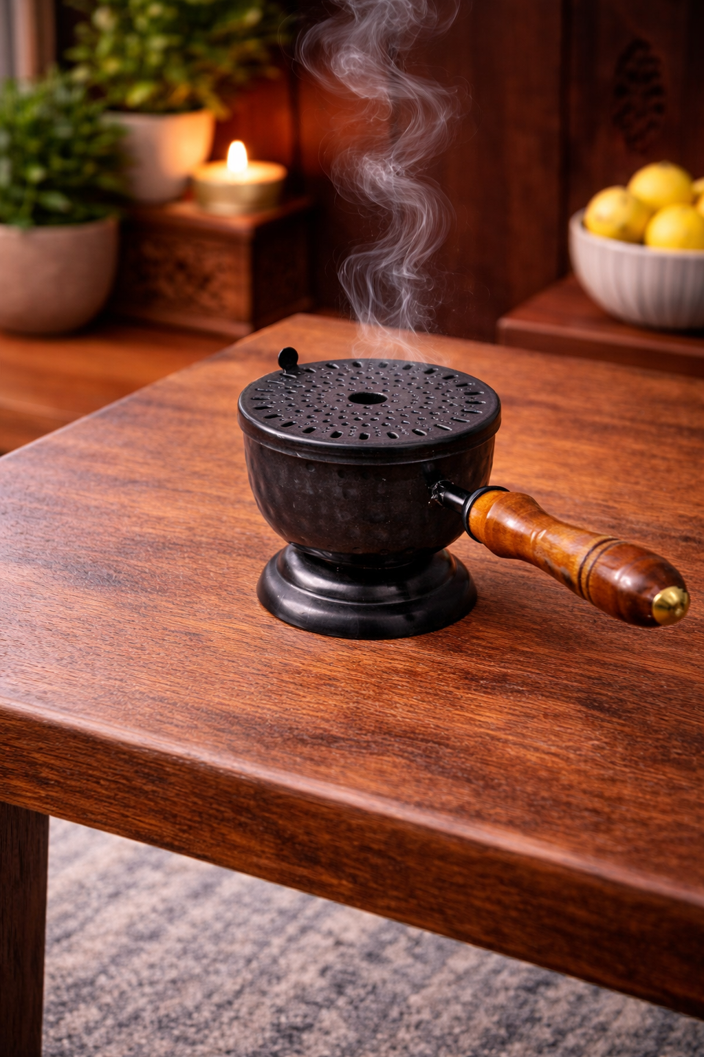 Metal Loban Incense Burner with Wooden Handle | Perforated Lid Dhoop Dani Dhuni Sambrani Burner with Charcoal Holder