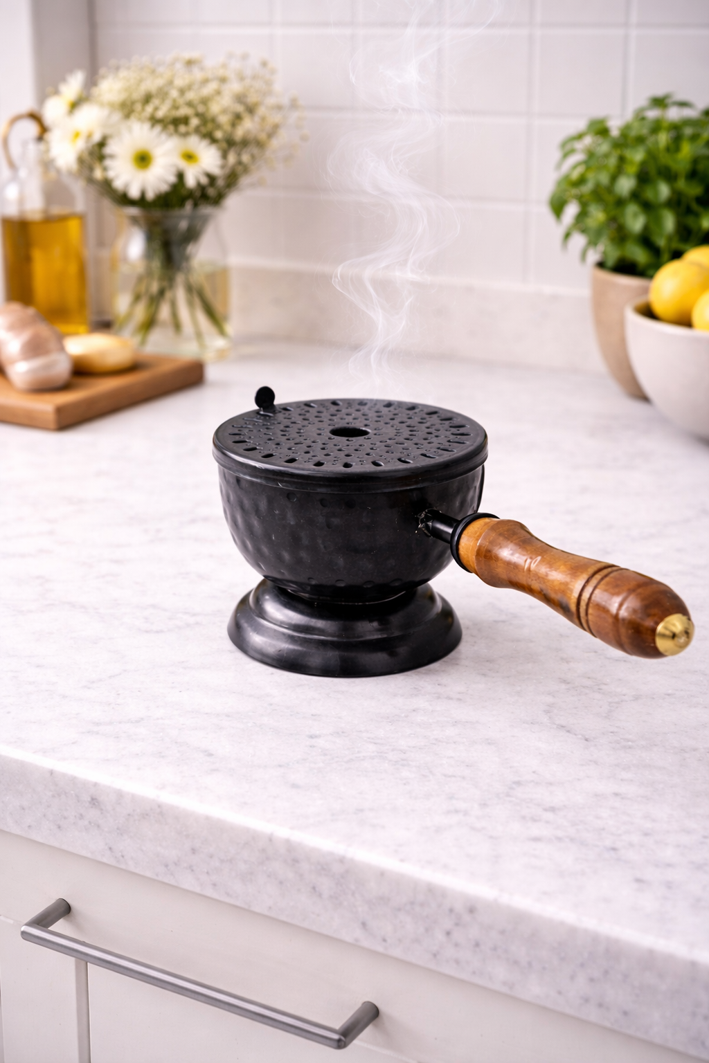 Metal Loban Incense Burner with Wooden Handle | Perforated Lid Dhoop Dani Dhuni Sambrani Burner with Charcoal Holder