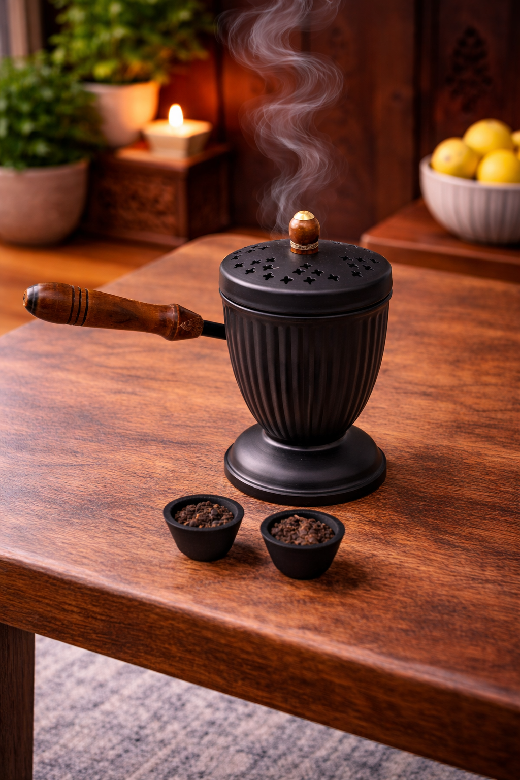 Metal Loban Incense Burner with Wooden Handle | Cross Cut Lid Dhuni Sambrani Dhoop Dani with 2 Loban Cups