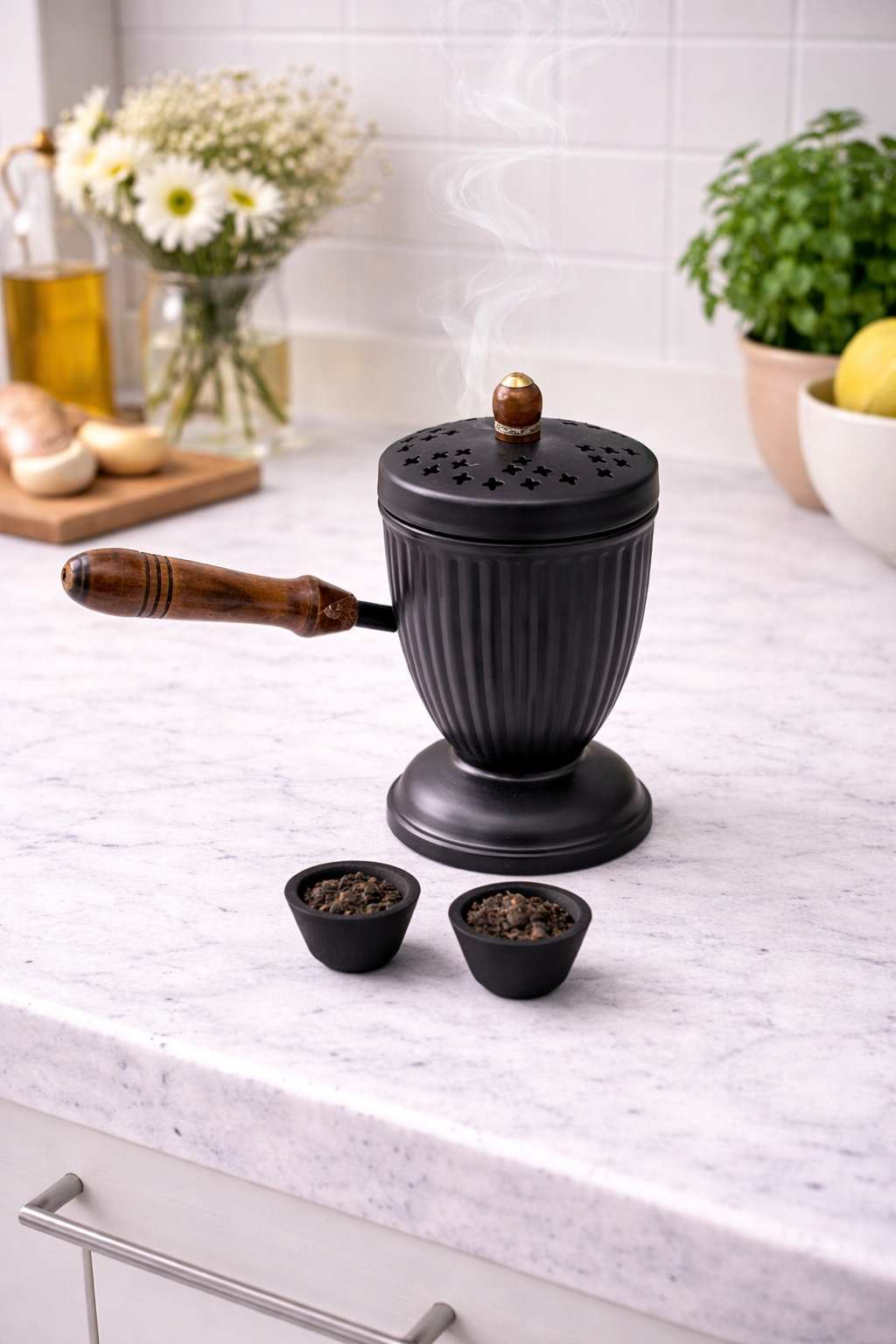 Metal Loban Incense Burner with Wooden Handle | Cross Cut Lid Dhuni Sambrani Dhoop Dani with 2 Loban Cups