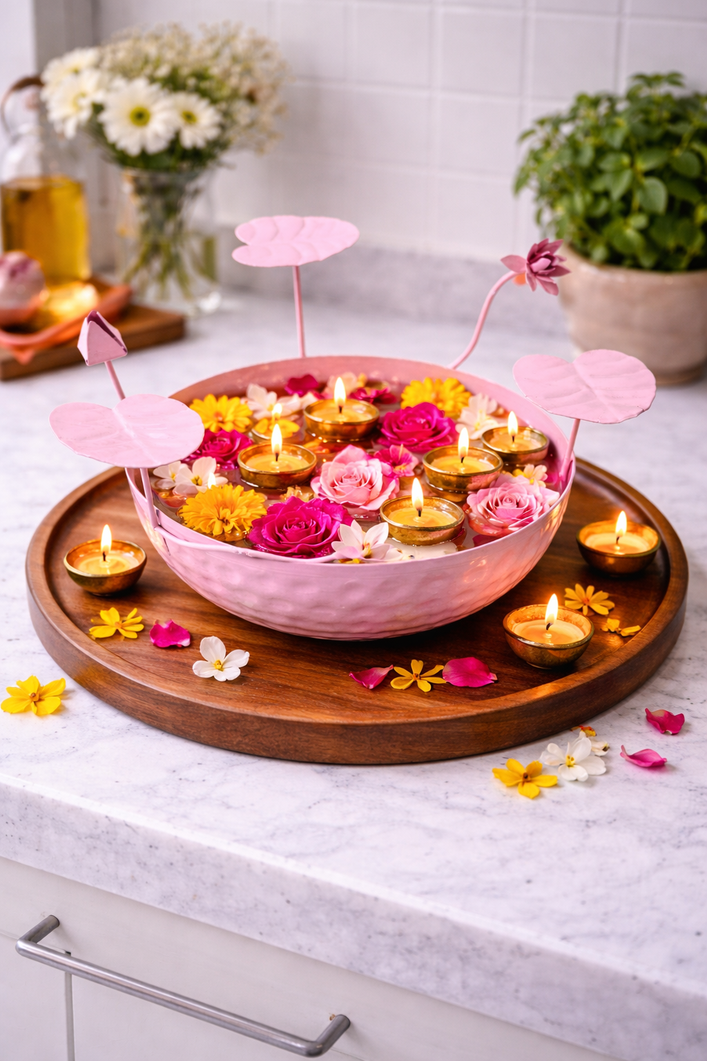 Galvanized Metal Urli Bowl for Floating Flowers & Candles | Decorative Urli with Lotus Stems for Home & Festival Decor (Pink)