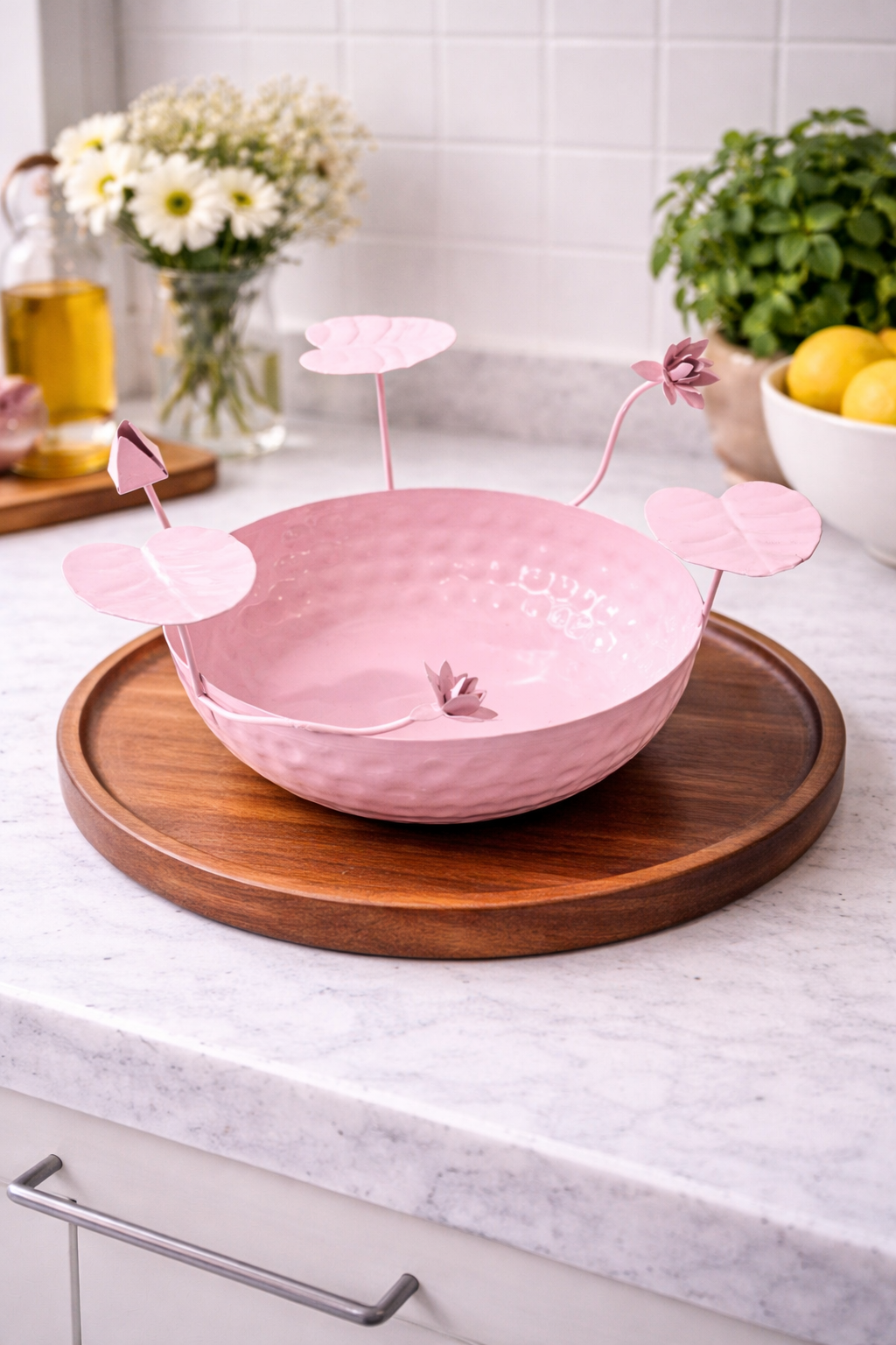 Galvanized Metal Urli Bowl for Floating Flowers & Candles | Decorative Urli with Lotus Stems for Home & Festival Decor (Pink)