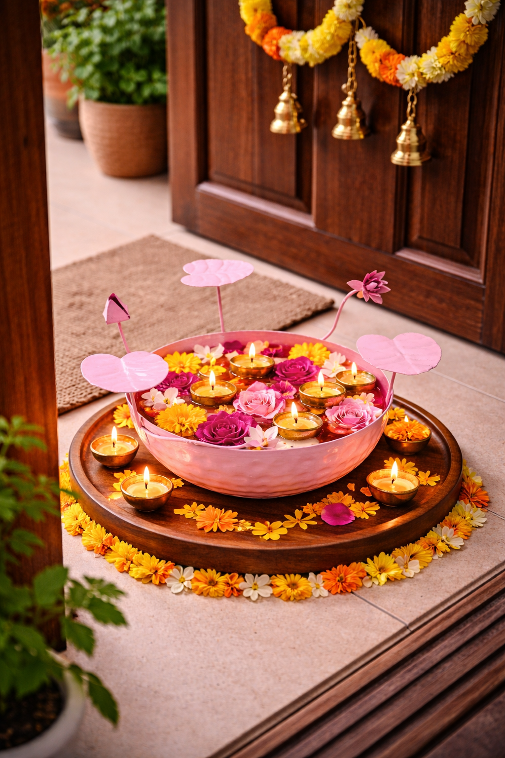 Galvanized Metal Urli Bowl for Floating Flowers & Candles | Decorative Urli with Lotus Stems for Home & Festival Decor (Pink)