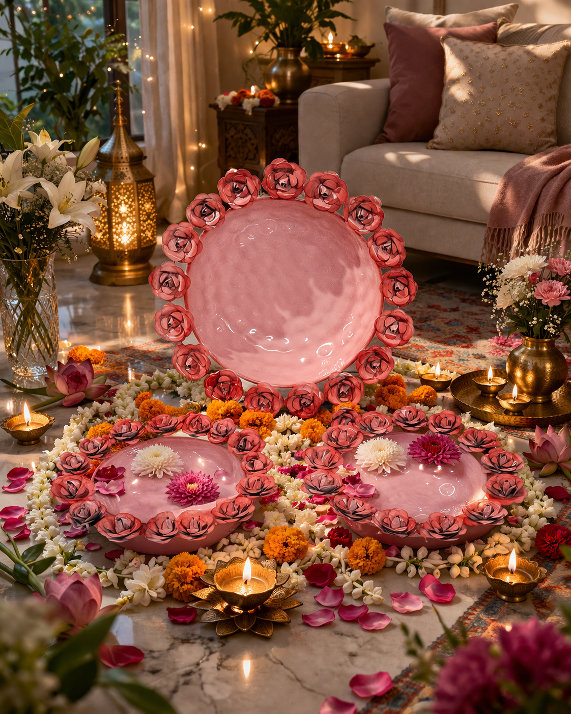 Decorative Metal Urli Bowl Set with Rose Border | Floating Flower & Candle Urli for Home & Festival Decor (Set of 3, Pink)