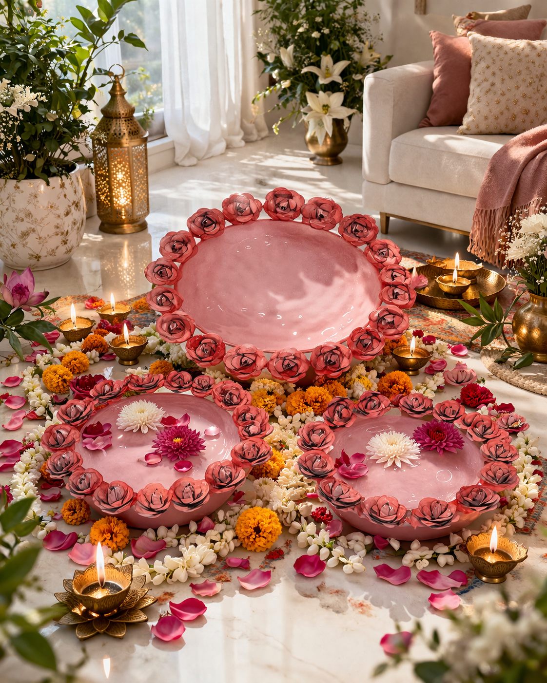 Decorative Metal Urli Bowl Set with Rose Border | Floating Flower & Candle Urli for Home & Festival Decor (Set of 3, Pink)