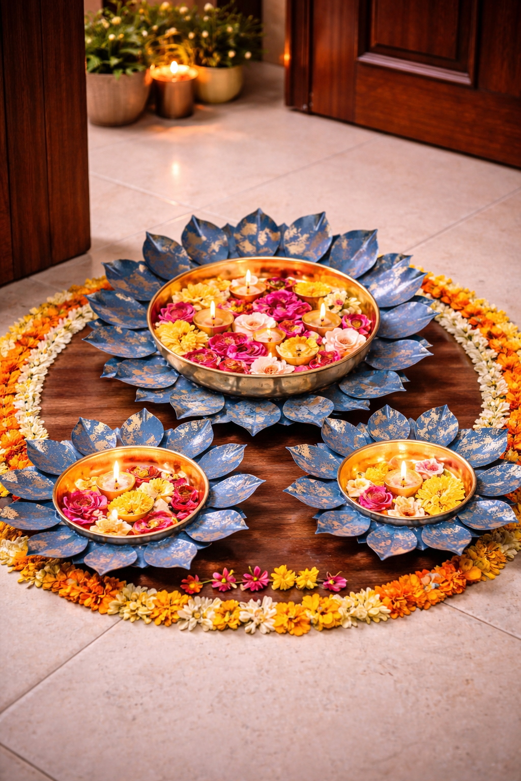 Decorative Lotus Metal Urli Bowl Set for Floating Flowers & Candles | Designer Festival & Entrance Decor (Set of 3, Blue & Gold)
