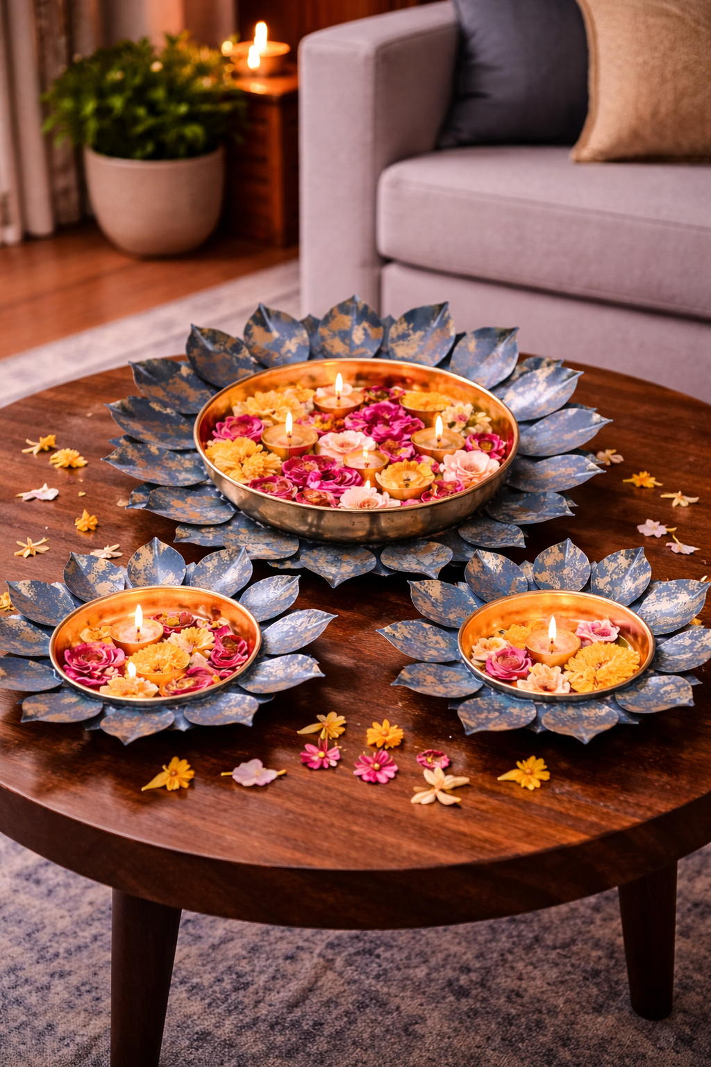 Decorative Lotus Metal Urli Bowl Set for Floating Flowers & Candles | Designer Festival & Entrance Decor (Set of 3, Blue & Gold)