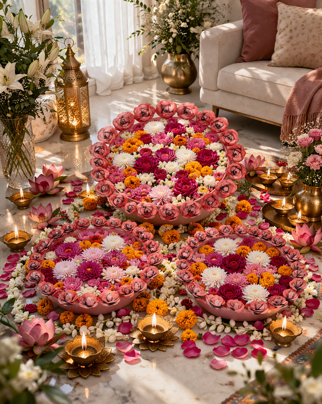 Decorative Metal Urli Bowl Set with Rose Border | Floating Flower & Candle Urli for Home & Festival Decor (Set of 3, Pink)