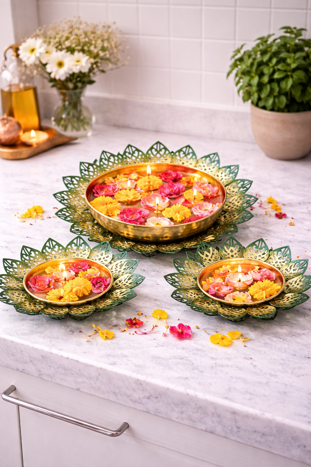 Decorative Lotus Metal Urli Bowl Set for Floating Flowers & Candles | Designer Festival & Home Decor (Set of 3, Green & Gold)