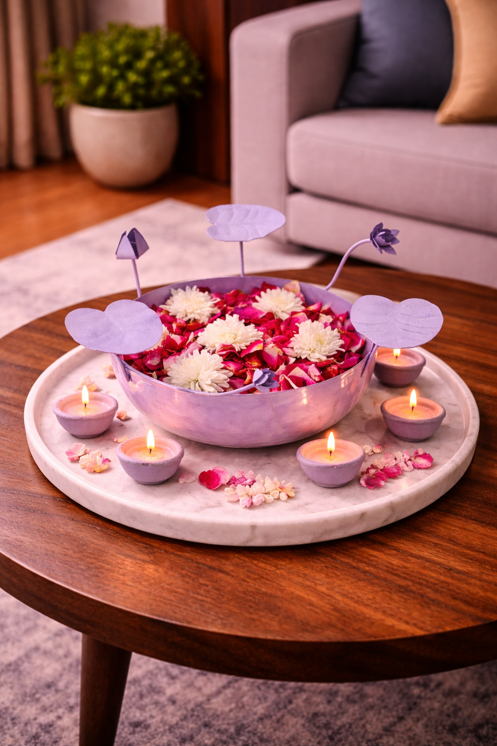 Galvanized Metal Urli Bowl for Floating Flowers & Candles | Decorative Urli with Lotus Stems for Home & Festival Decor (Lavender)