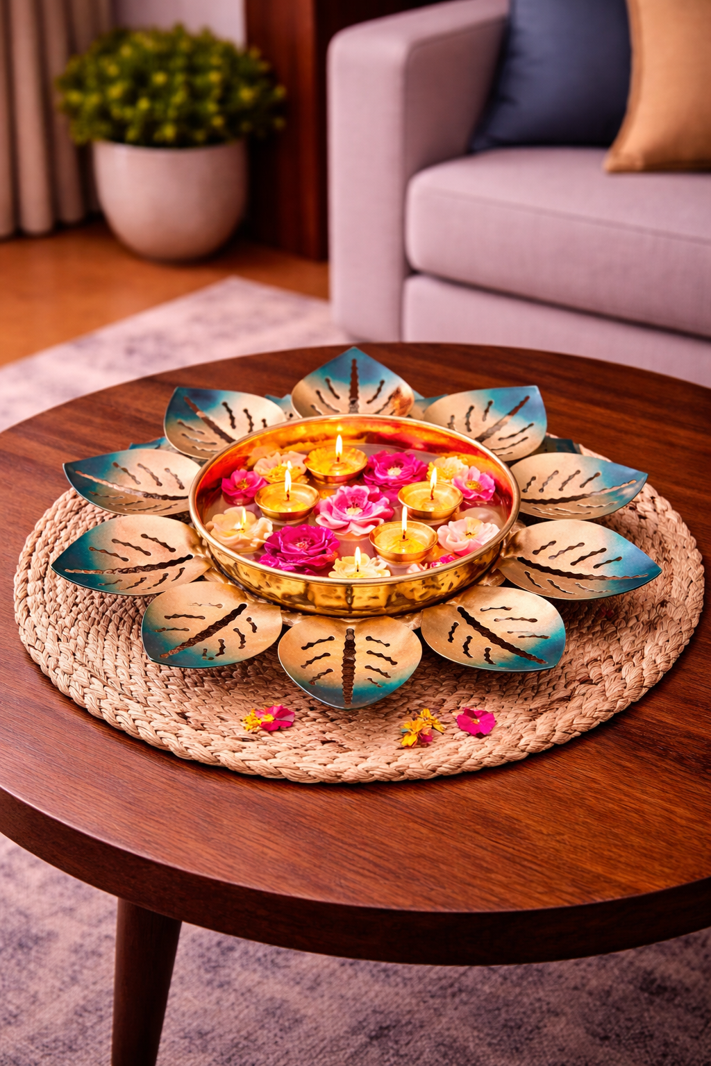 Decorative Lotus Metal Urli Bowl for Floating Flowers & Candles | Antique Finish Festival & Home Decor (Blue Gold)