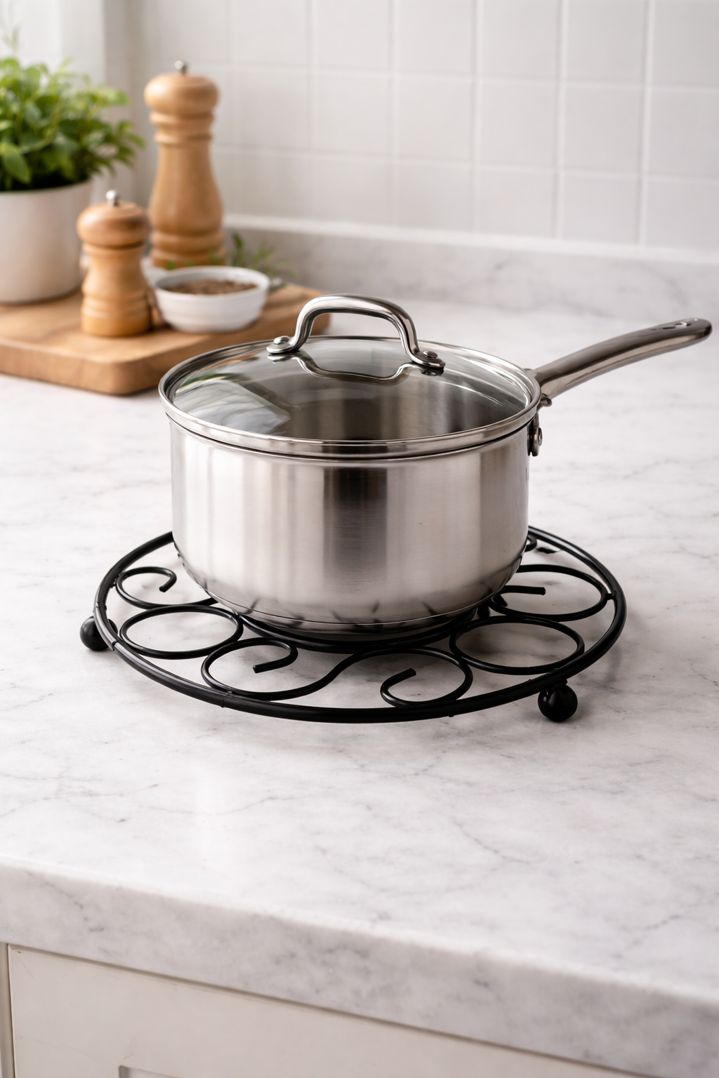 Modern Metal Trivet Stand | Round Scroll Design Heat Resistant Pot Holder | Kitchen Countertop & Dining Table Protector