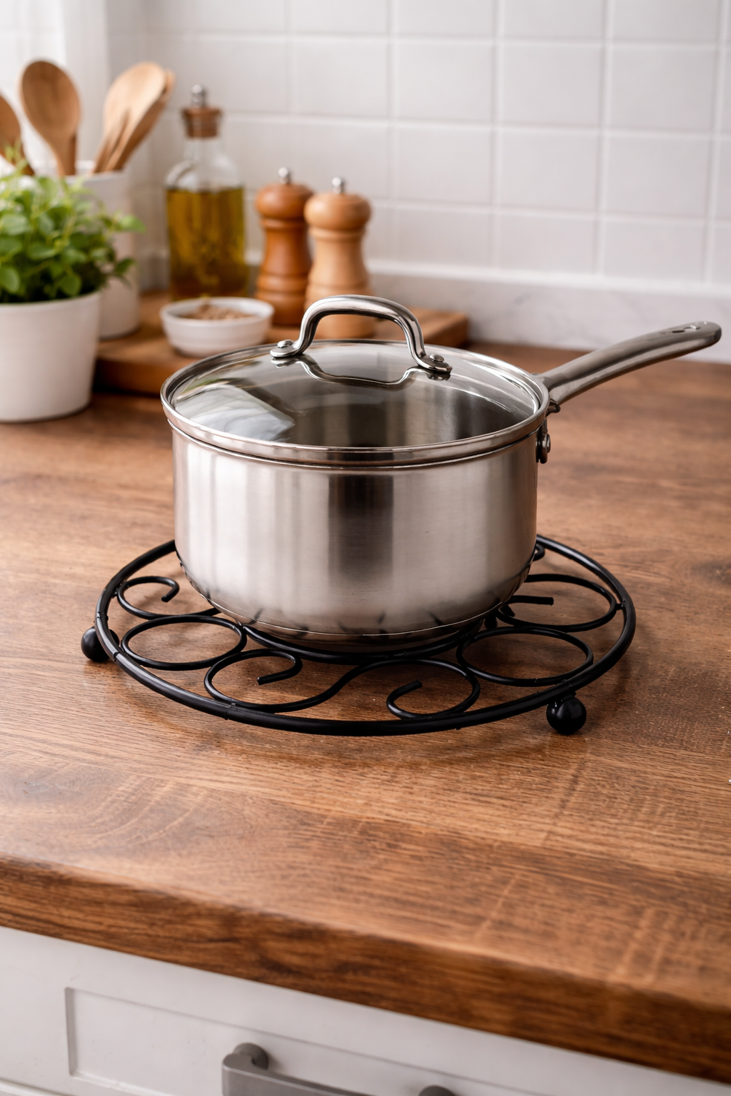Modern Metal Trivet Stand | Round Scroll Design Heat Resistant Pot Holder | Kitchen Countertop & Dining Table Protector