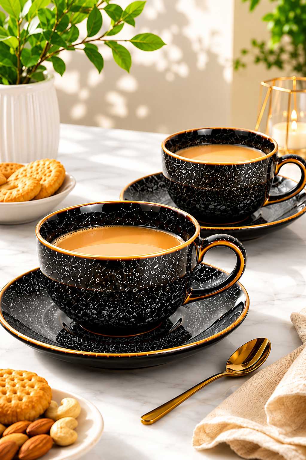 Premium Ceramic Cup & Saucer Set (2 Cups + 2 Saucers) | Black Speckled Tea & Coffee Cup Set | Microwave & Dishwasher Safe | Elegant Coffee Mug Set for Home, Office & Gifting