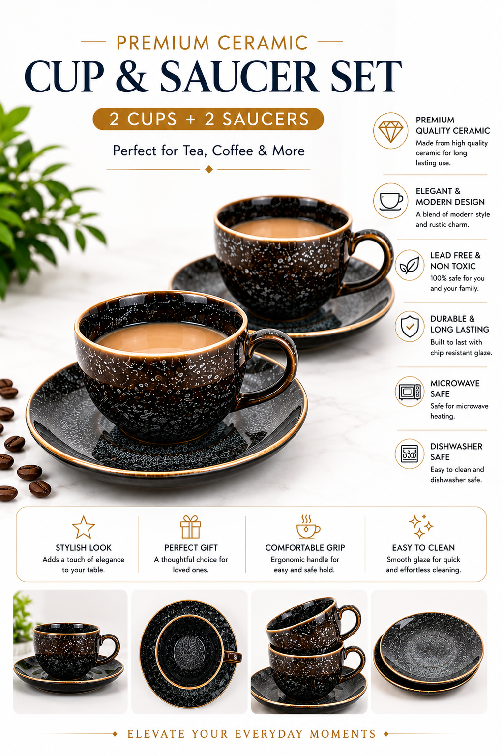 Premium Ceramic Cup & Saucer Set (2 Cups + 2 Saucers) | Black Speckled Tea & Coffee Cup Set | Microwave & Dishwasher Safe | Elegant Coffee Mug Set for Home, Office & Gifting