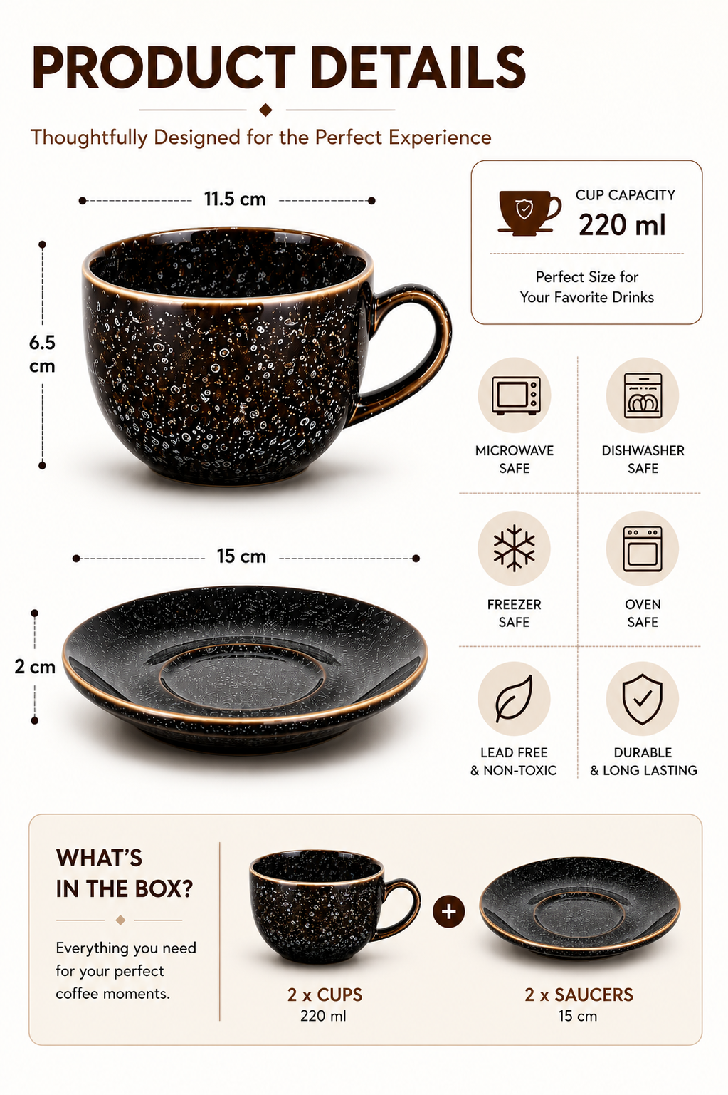 Premium Ceramic Cup & Saucer Set (2 Cups + 2 Saucers) | Black Speckled Tea & Coffee Cup Set | Microwave & Dishwasher Safe | Elegant Coffee Mug Set for Home, Office & Gifting