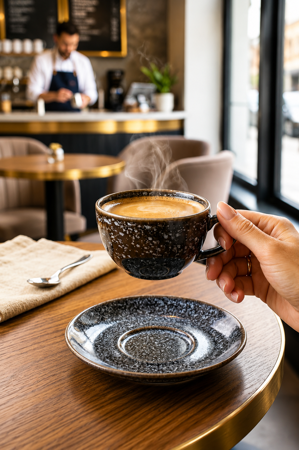Premium Ceramic Cup & Saucer Set (2 Cups + 2 Saucers) | Black Speckled Tea & Coffee Cup Set | Microwave & Dishwasher Safe | Elegant Coffee Mug Set for Home, Office & Gifting