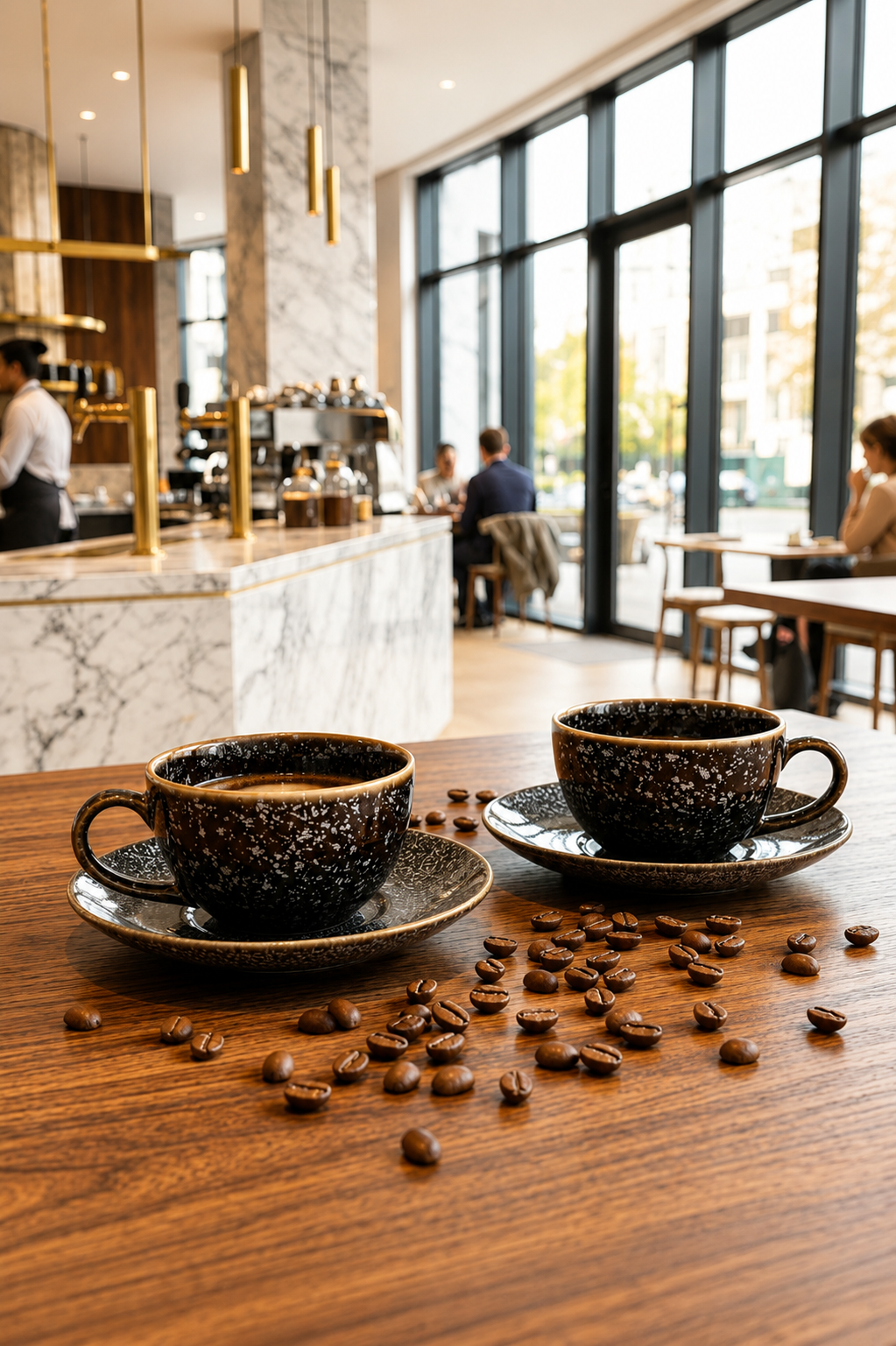 Premium Ceramic Cup & Saucer Set (2 Cups + 2 Saucers) | Black Speckled Tea & Coffee Cup Set | Microwave & Dishwasher Safe | Elegant Coffee Mug Set for Home, Office & Gifting