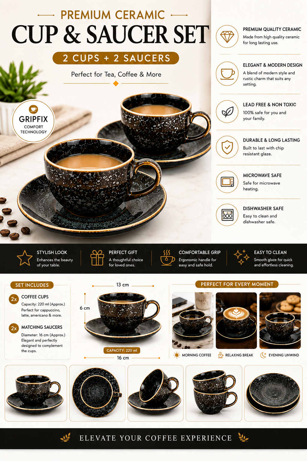 Premium Ceramic Cup & Saucer Set (2 Cups + 2 Saucers) | Black Speckled Tea & Coffee Cup Set | Microwave & Dishwasher Safe | Elegant Coffee Mug Set for Home, Office & Gifting