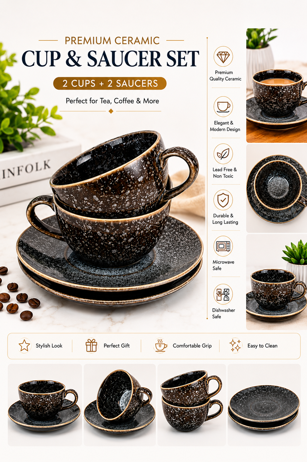 Premium Ceramic Cup & Saucer Set (2 Cups + 2 Saucers) | Black Speckled Tea & Coffee Cup Set | Microwave & Dishwasher Safe | Elegant Coffee Mug Set for Home, Office & Gifting