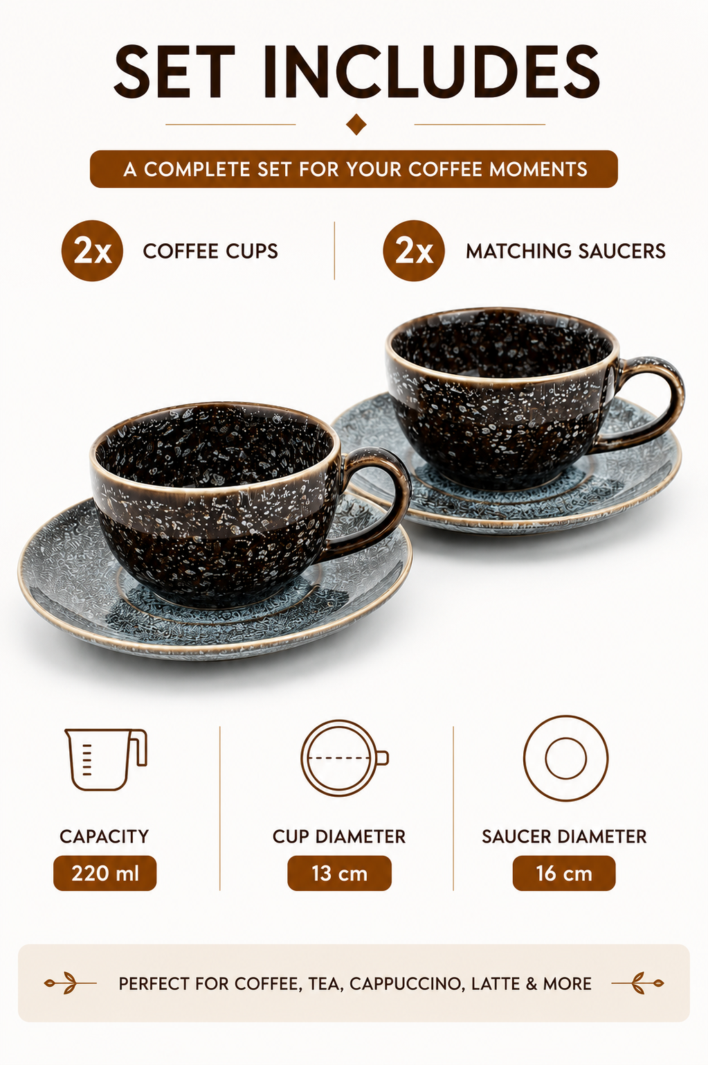 Premium Ceramic Cup & Saucer Set (2 Cups + 2 Saucers) | Black Speckled Tea & Coffee Cup Set | Microwave & Dishwasher Safe | Elegant Coffee Mug Set for Home, Office & Gifting