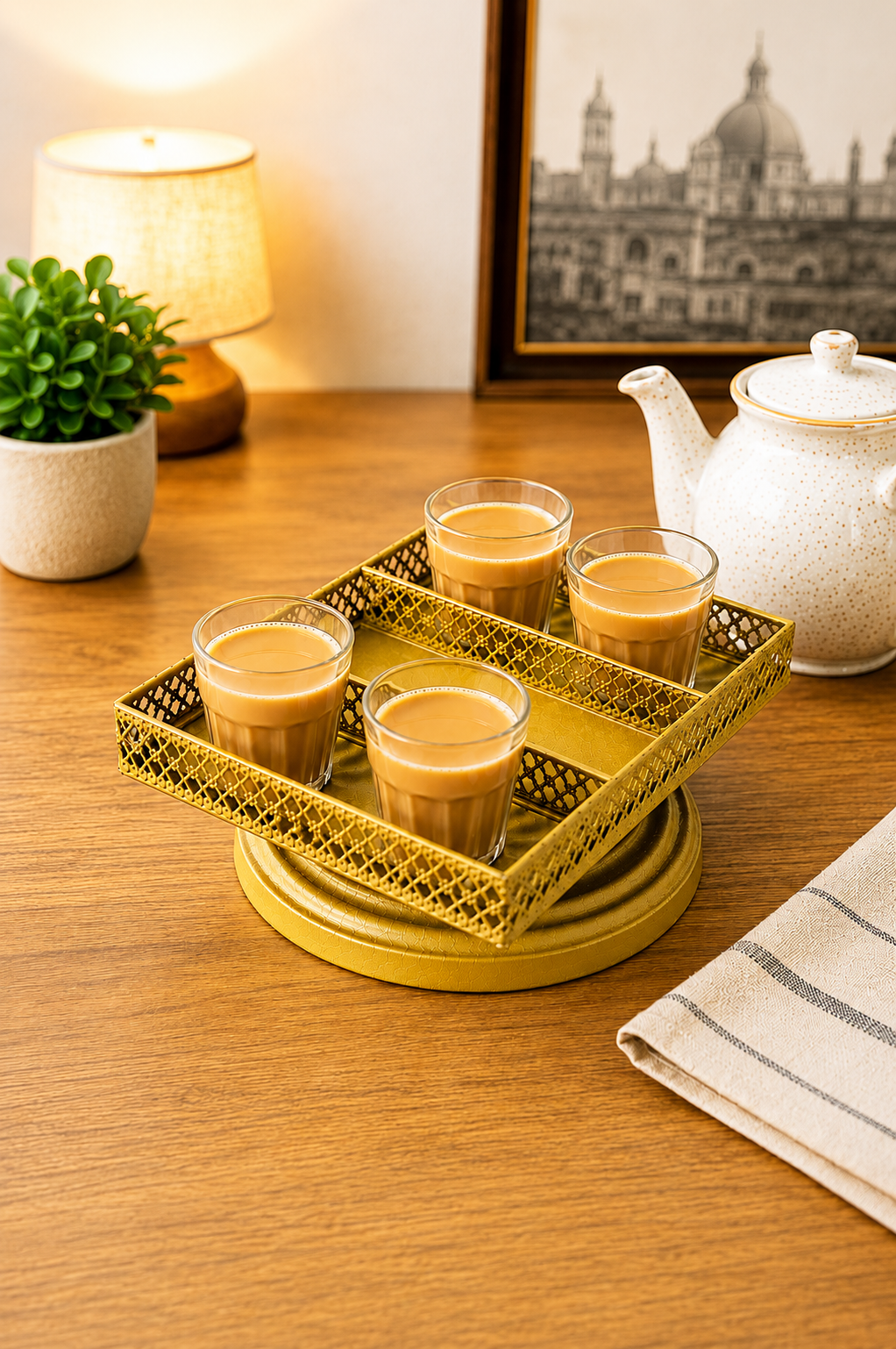 Premium Metal Tea Serving Tray Set with 4 Cutting Chai Glasses | Decorative Gold Lattice Serving Tray | Tea Coffee Serving Set for Home & Gifting