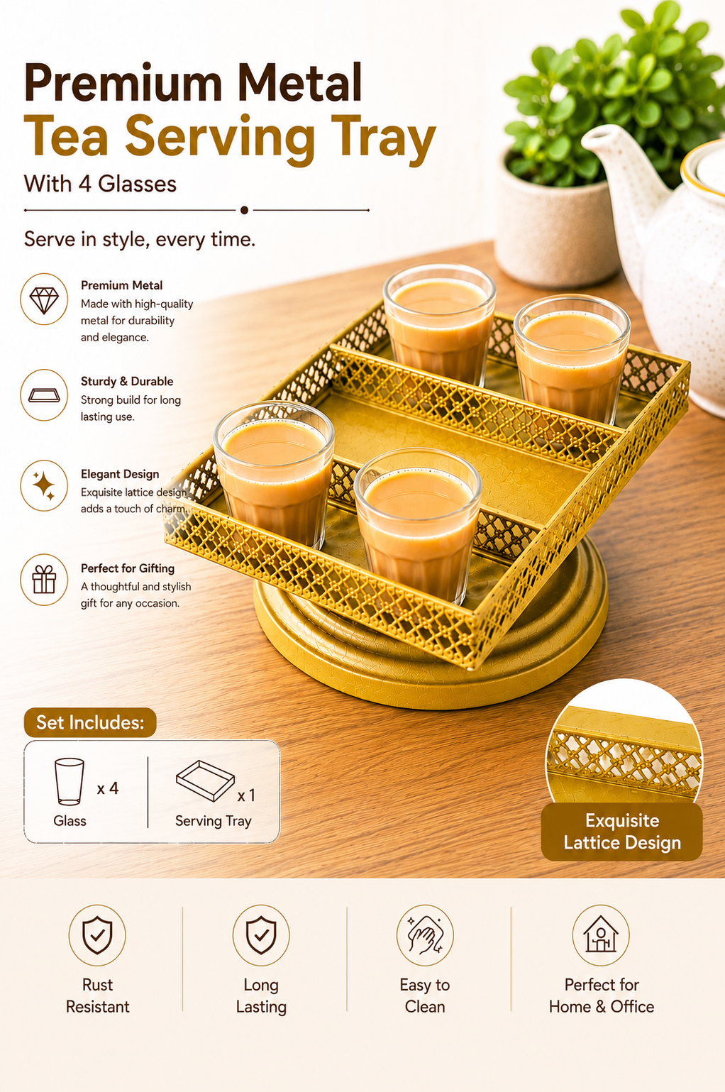 Premium Metal Tea Serving Tray Set with 4 Cutting Chai Glasses | Decorative Gold Lattice Serving Tray | Tea Coffee Serving Set for Home & Gifting