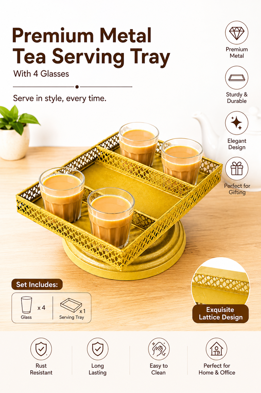 Premium Metal Tea Serving Tray Set with 4 Cutting Chai Glasses | Decorative Gold Lattice Serving Tray | Tea Coffee Serving Set for Home & Gifting
