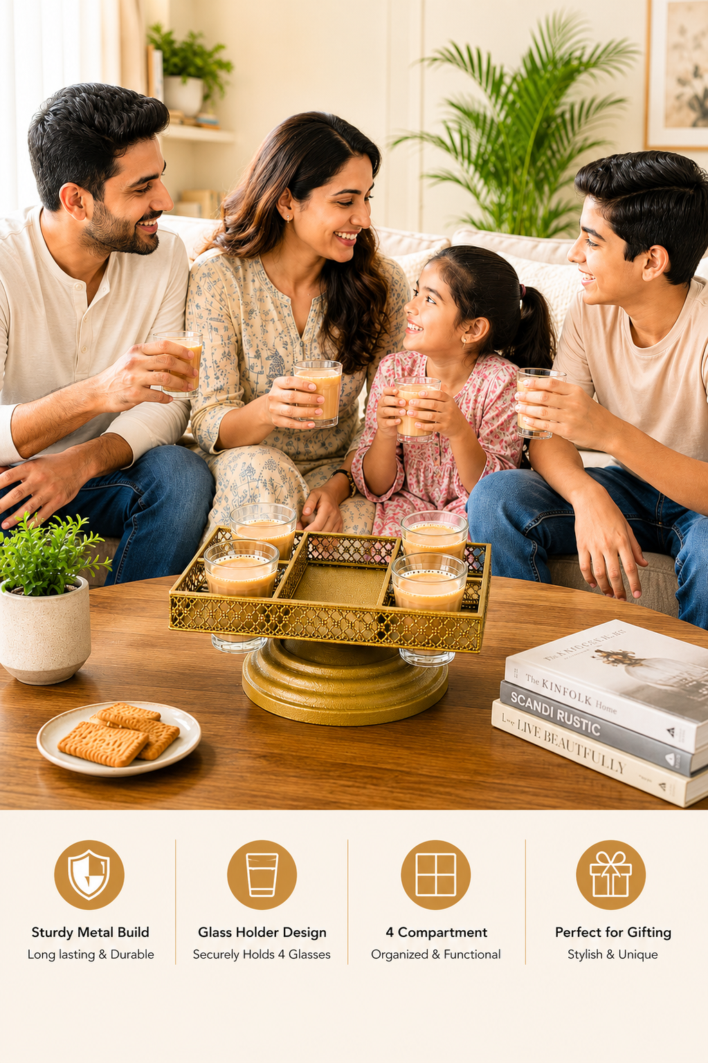 Premium Metal Tea Serving Tray Set with 4 Cutting Chai Glasses | Decorative Gold Lattice Serving Tray | Tea Coffee Serving Set for Home & Gifting