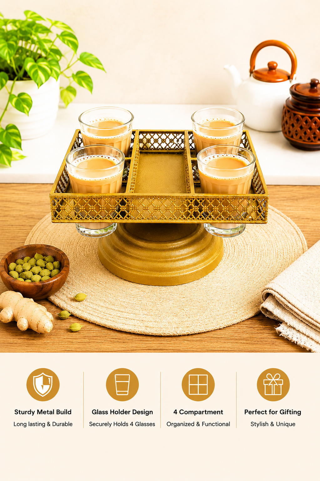 Premium Metal Tea Serving Tray Set with 4 Cutting Chai Glasses | Decorative Gold Lattice Serving Tray | Tea Coffee Serving Set for Home & Gifting