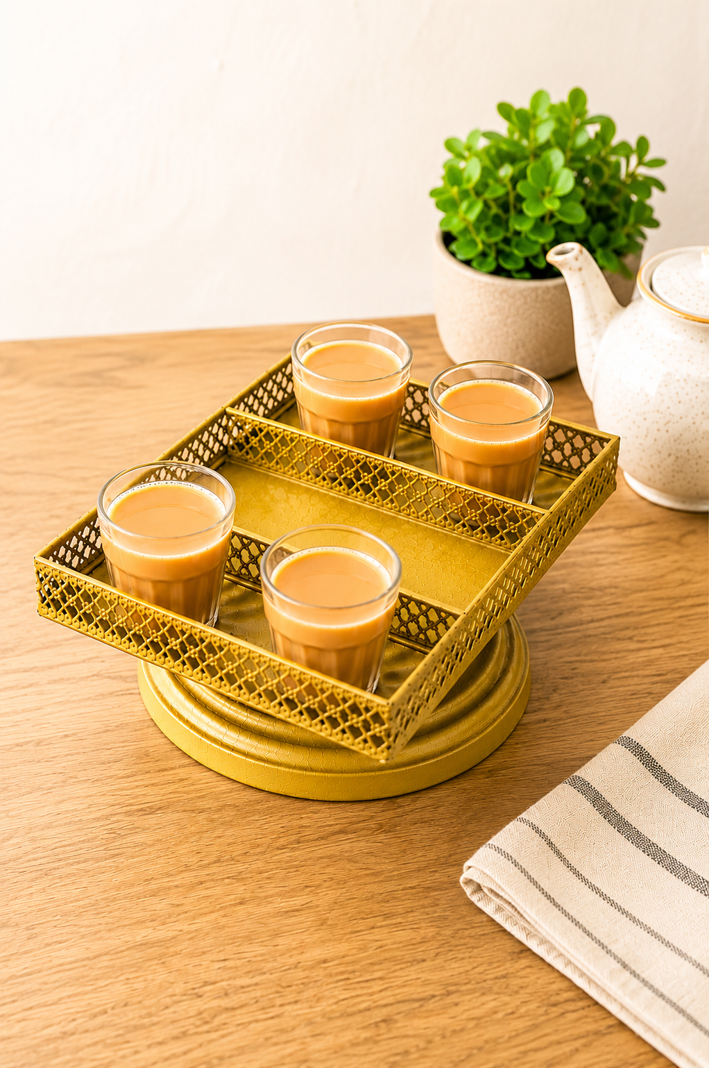 Premium Metal Tea Serving Tray Set with 4 Cutting Chai Glasses | Decorative Gold Lattice Serving Tray | Tea Coffee Serving Set for Home & Gifting
