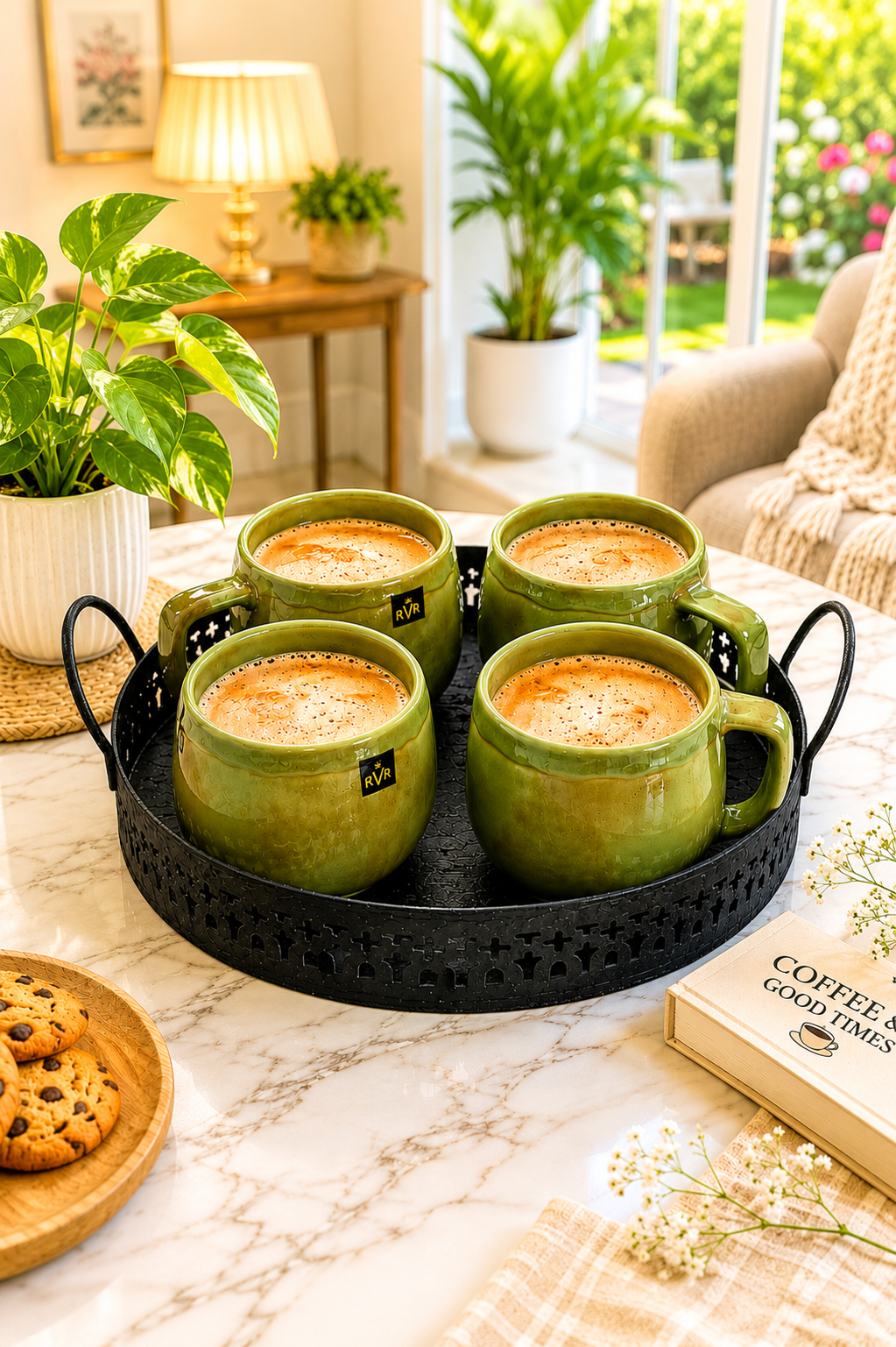 Set of 4 Ceramic Coffee Cups with Metal Serving Tray | Rustic Green Tea Cups with Handles | Premium Tea Coffee Mug Set for Home Kitchen & Gifting