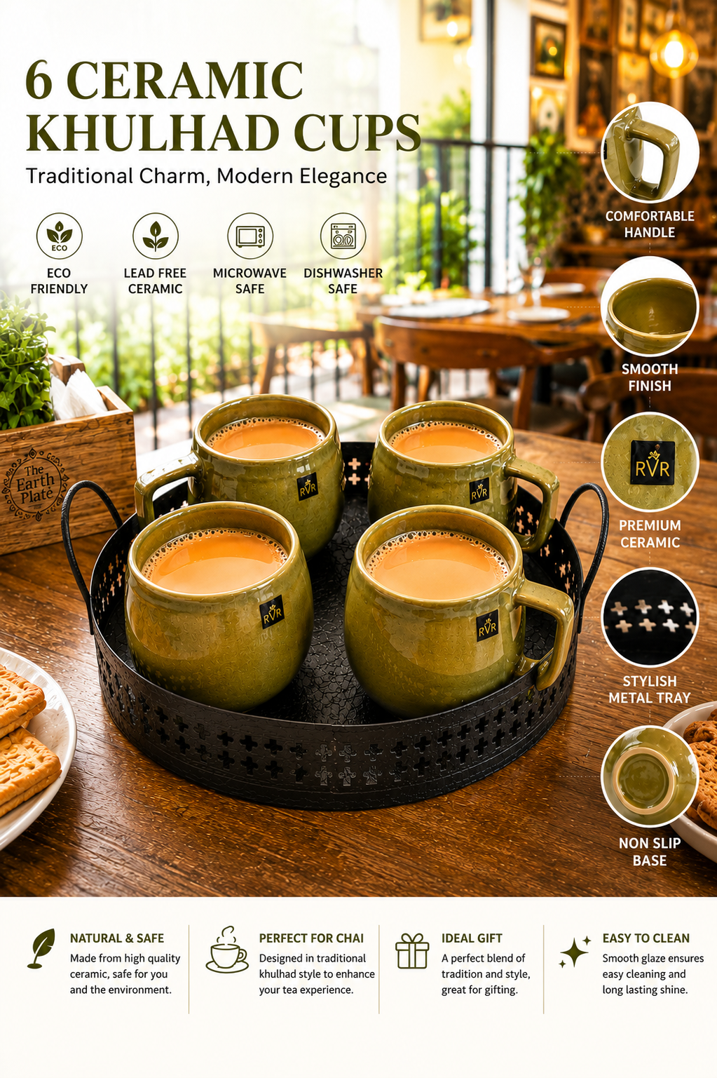 Set of 4 Ceramic Coffee Cups with Metal Serving Tray | Rustic Green Tea Cups with Handles | Premium Tea Coffee Mug Set for Home Kitchen & Gifting