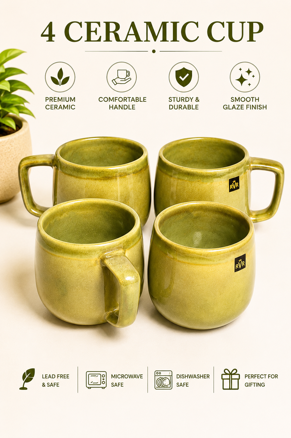 Set of 4 Ceramic Coffee Cups with Metal Serving Tray | Rustic Green Tea Cups with Handles | Premium Tea Coffee Mug Set for Home Kitchen & Gifting
