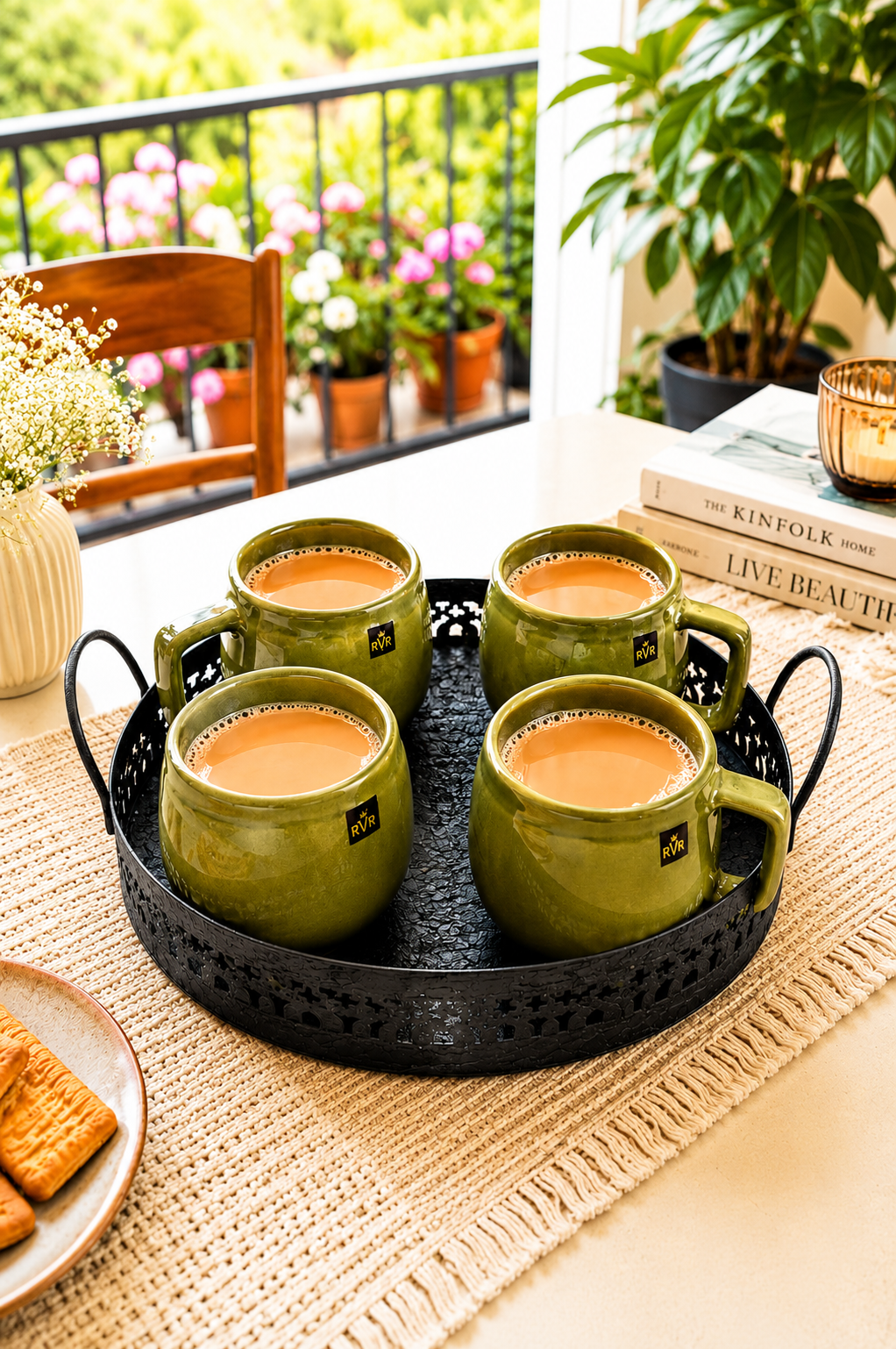 Set of 4 Ceramic Coffee Cups with Metal Serving Tray | Rustic Green Tea Cups with Handles | Premium Tea Coffee Mug Set for Home Kitchen & Gifting