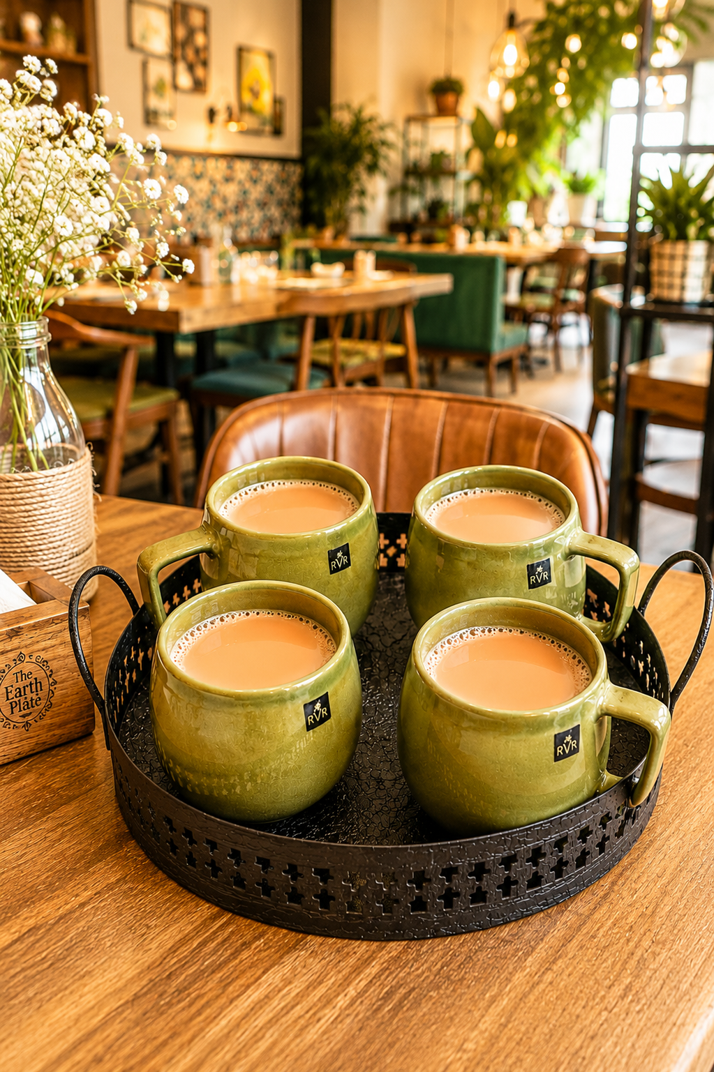 Set of 4 Ceramic Coffee Cups with Metal Serving Tray | Rustic Green Tea Cups with Handles | Premium Tea Coffee Mug Set for Home Kitchen & Gifting