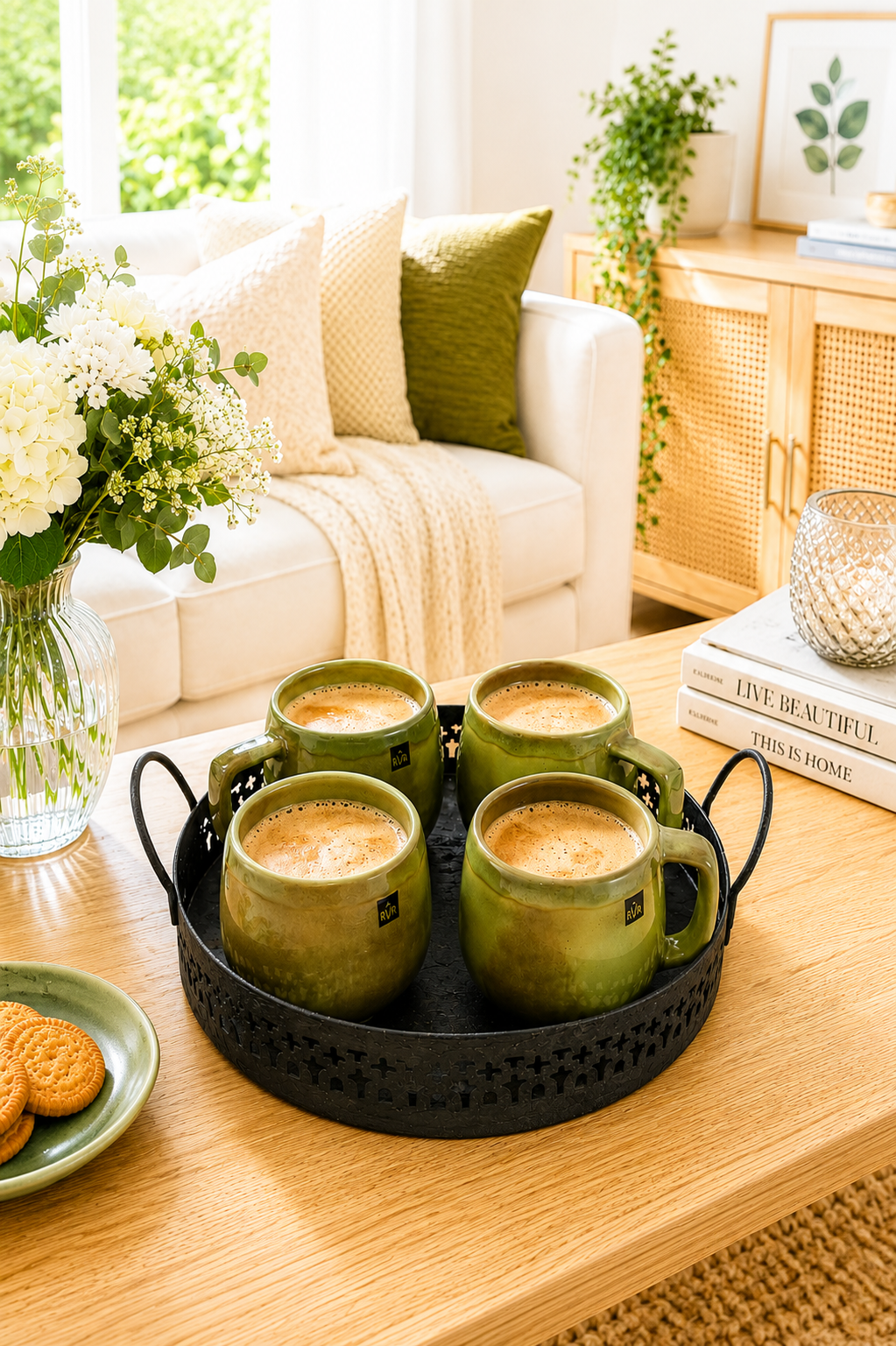 Set of 4 Ceramic Coffee Cups with Metal Serving Tray | Rustic Green Tea Cups with Handles | Premium Tea Coffee Mug Set for Home Kitchen & Gifting